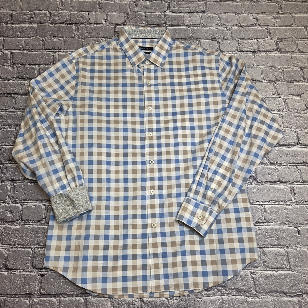 BUGATCHI UOMO Mens Classic Fit Plaid Dress Shirt Long Sleeve Button Down Large